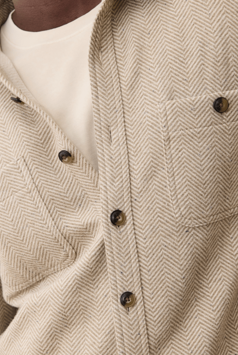 Shirts & Tops - Marine Layer - Pacifica Stretch Twill Overshirt in Taupe Herringbone - Archery Close