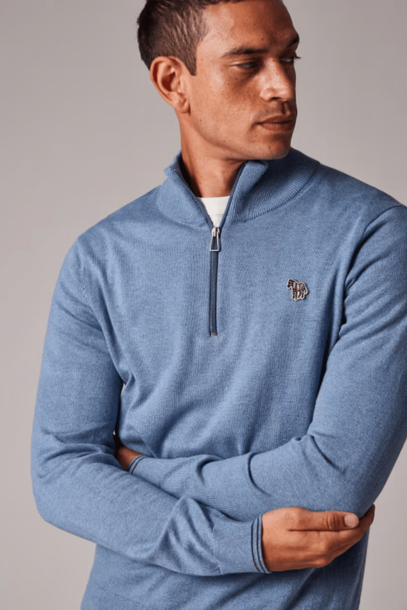 Sweater - Paul Smith - Pale Blue Cotton - Blend Zebra Logo Half Zip Sweater - Archery Close