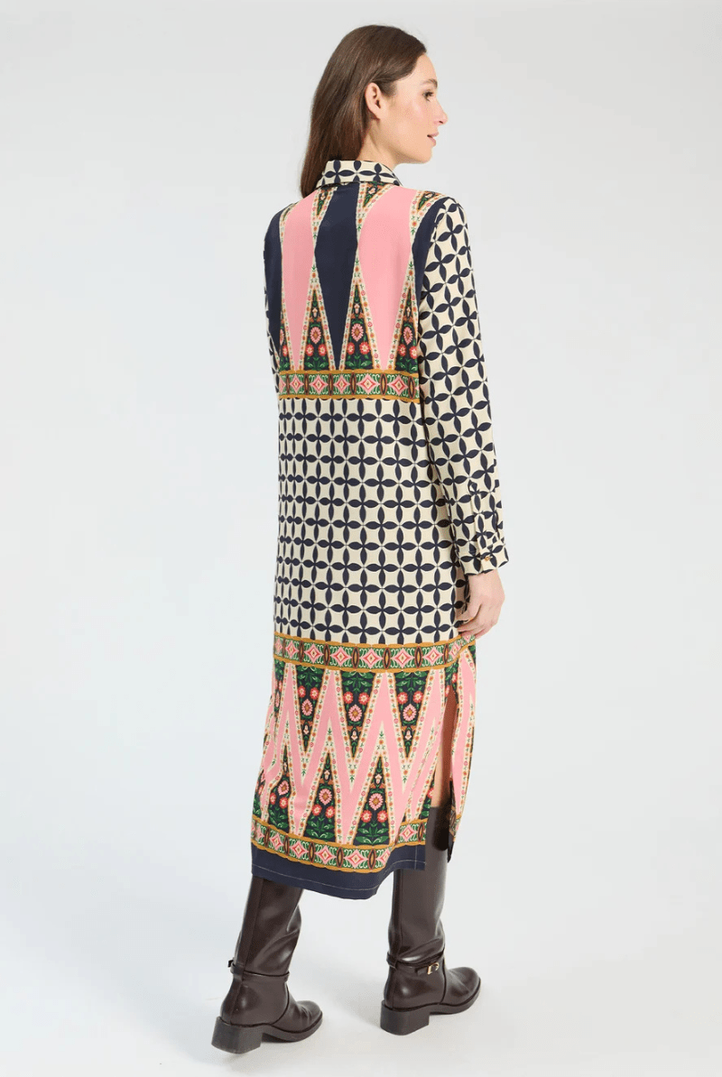 Dresses - Vilagallo - Pink & Black Geo Midi Dress - Archery Close