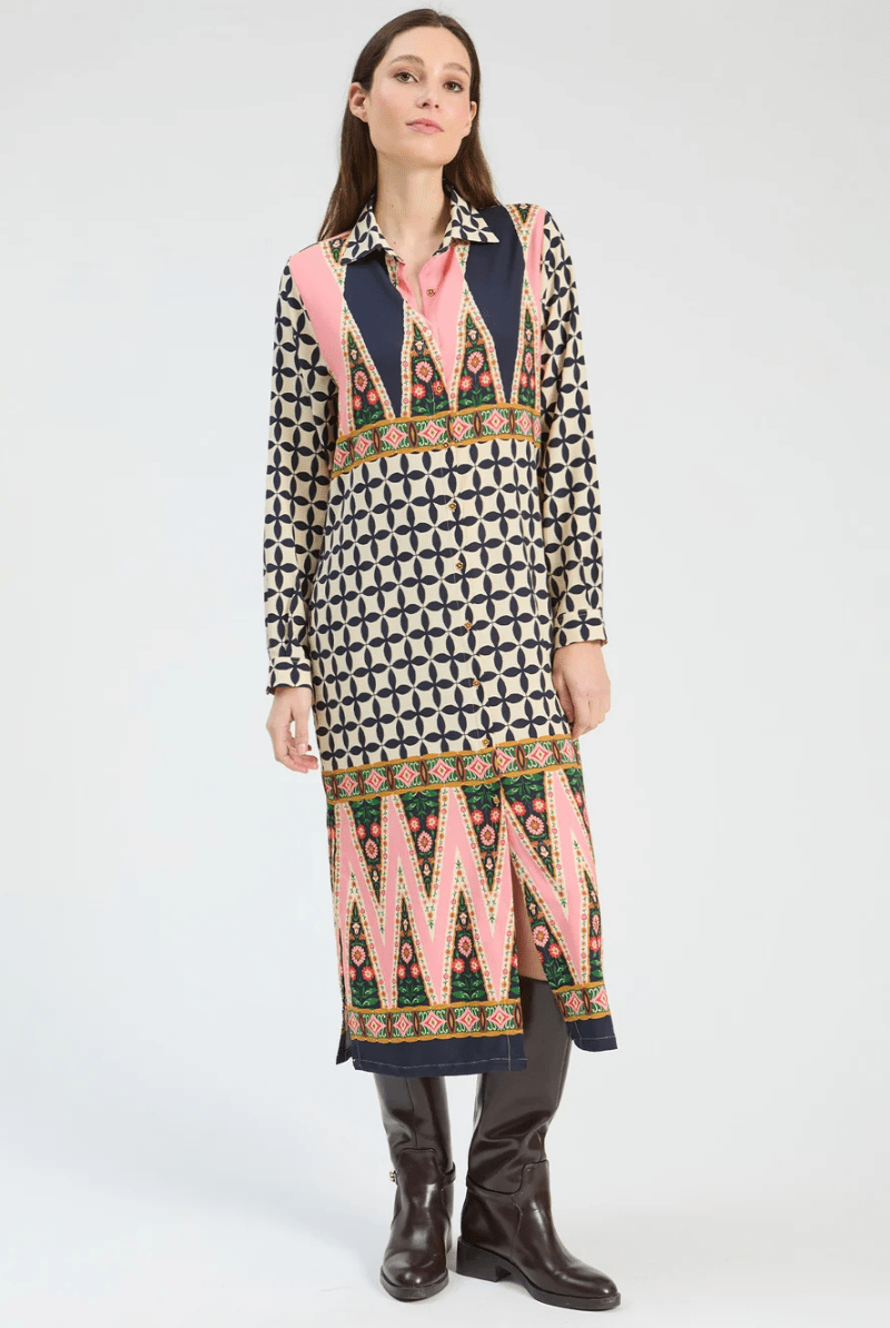 Dresses - Vilagallo - Pink & Black Geo Midi Dress - Archery Close