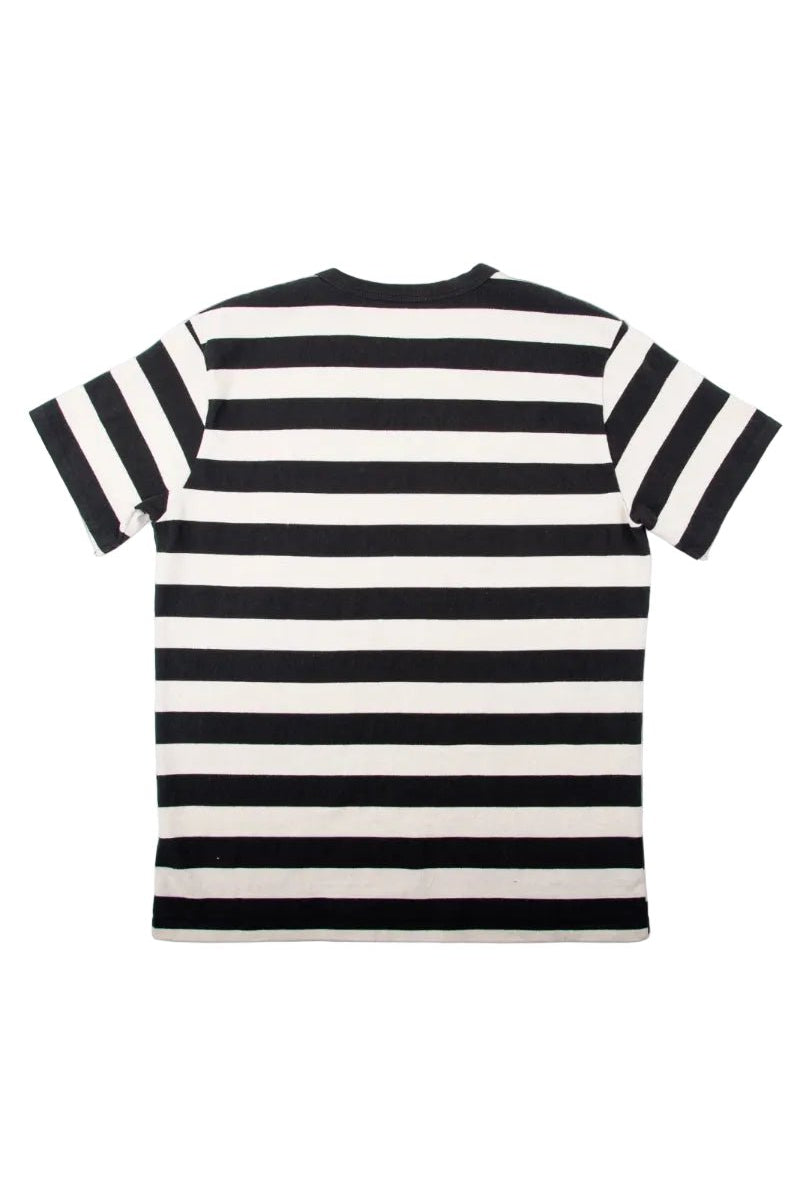 Black and white striped t-shirt with short sleeves on a white background