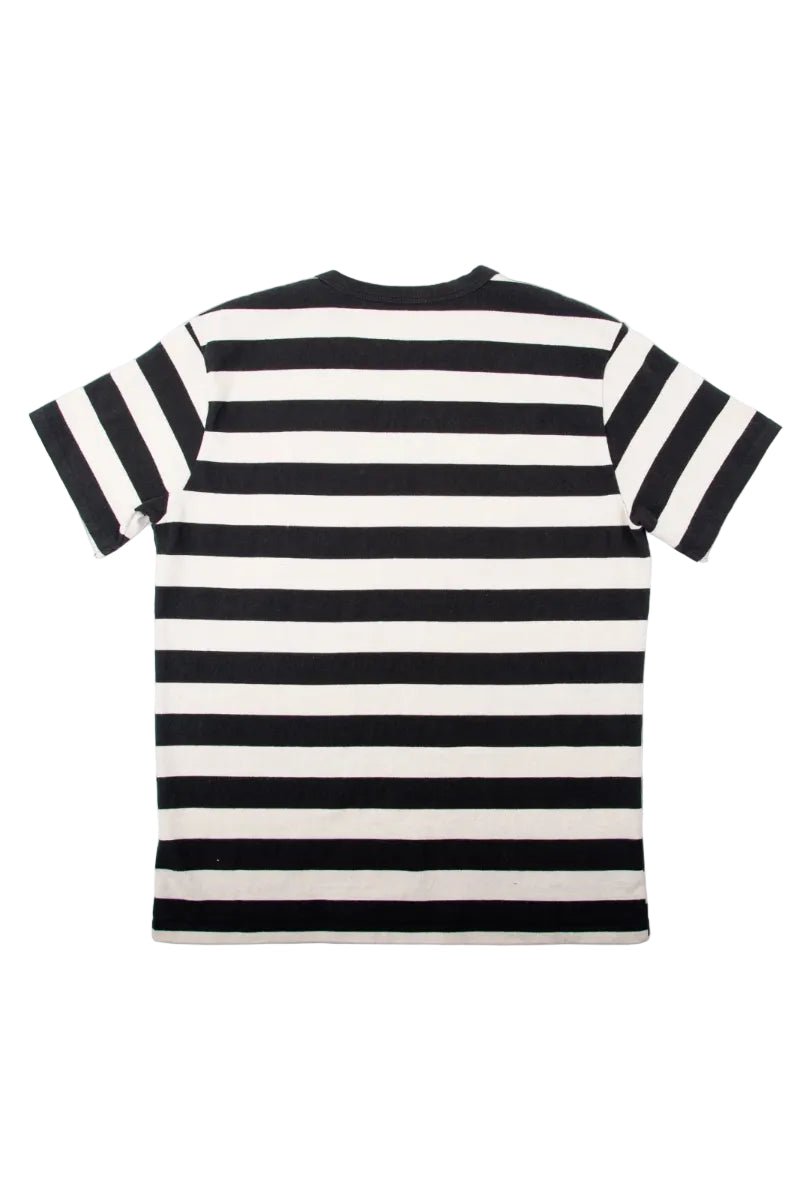 Black and white striped t-shirt with short sleeves on a white background