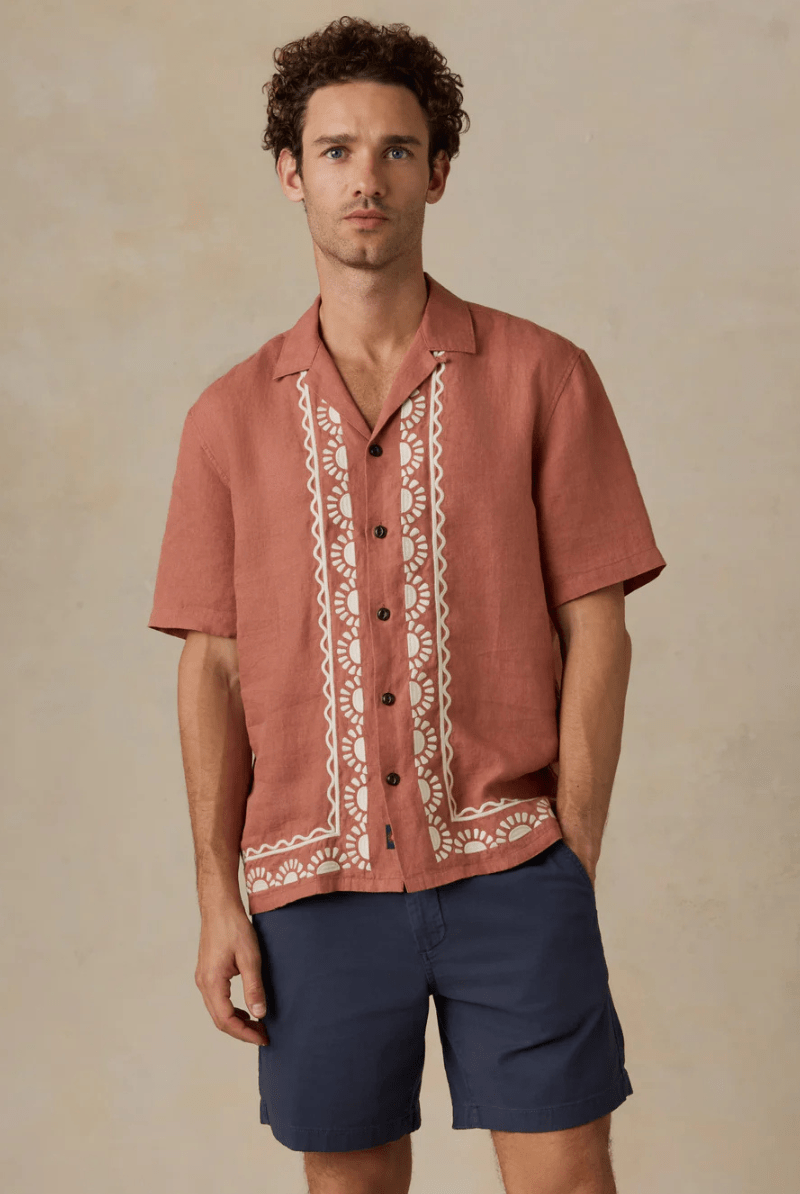Shirts & Tops - Faherty Brand - Short - Sleeve Embroidered Shirt in Dusty Sienna - Archery Close