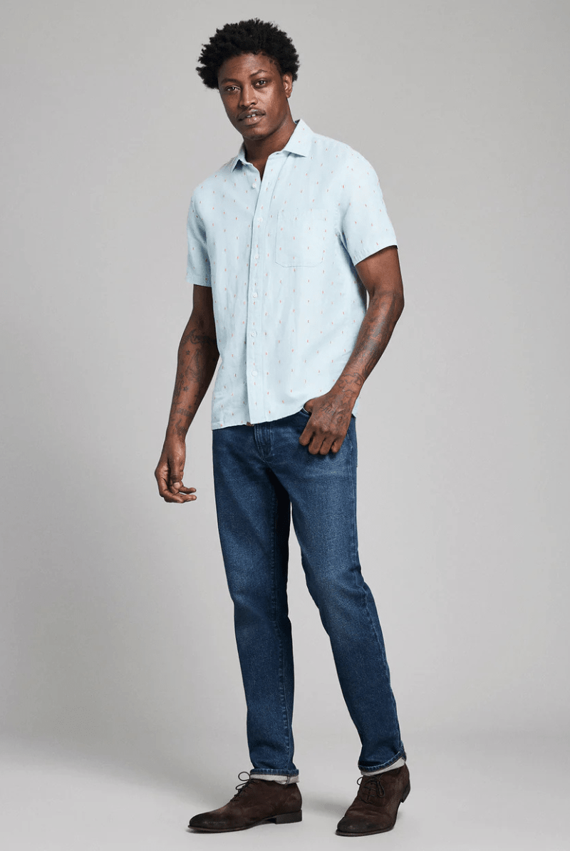 Shirts & Tops - Billy Reid - Short Sleeve Herringbone Treme Shirt - Sky Blue - Archery Close