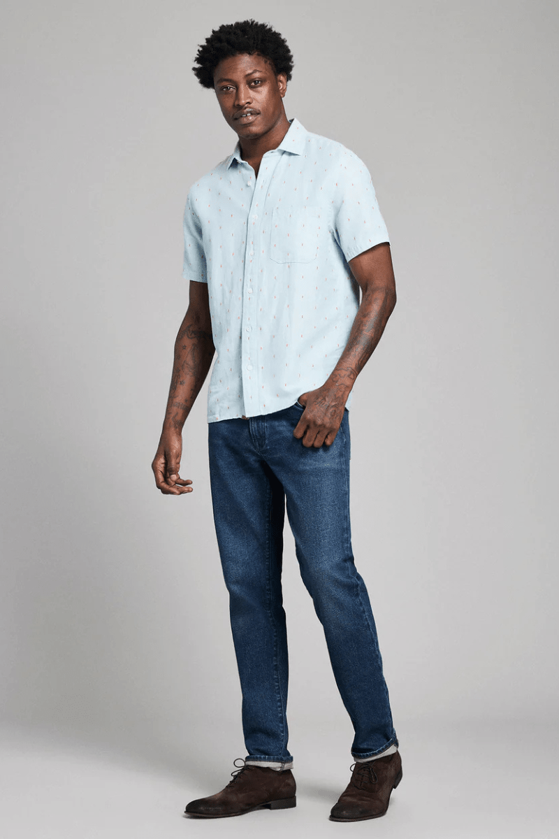 Shirts & Tops - Billy Reid - Short Sleeve Herringbone Treme Shirt - Sky Blue - Archery Close