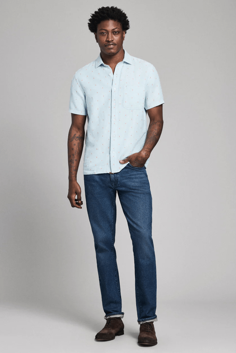 Shirts & Tops - Billy Reid - Short Sleeve Herringbone Treme Shirt - Sky Blue - Archery Close