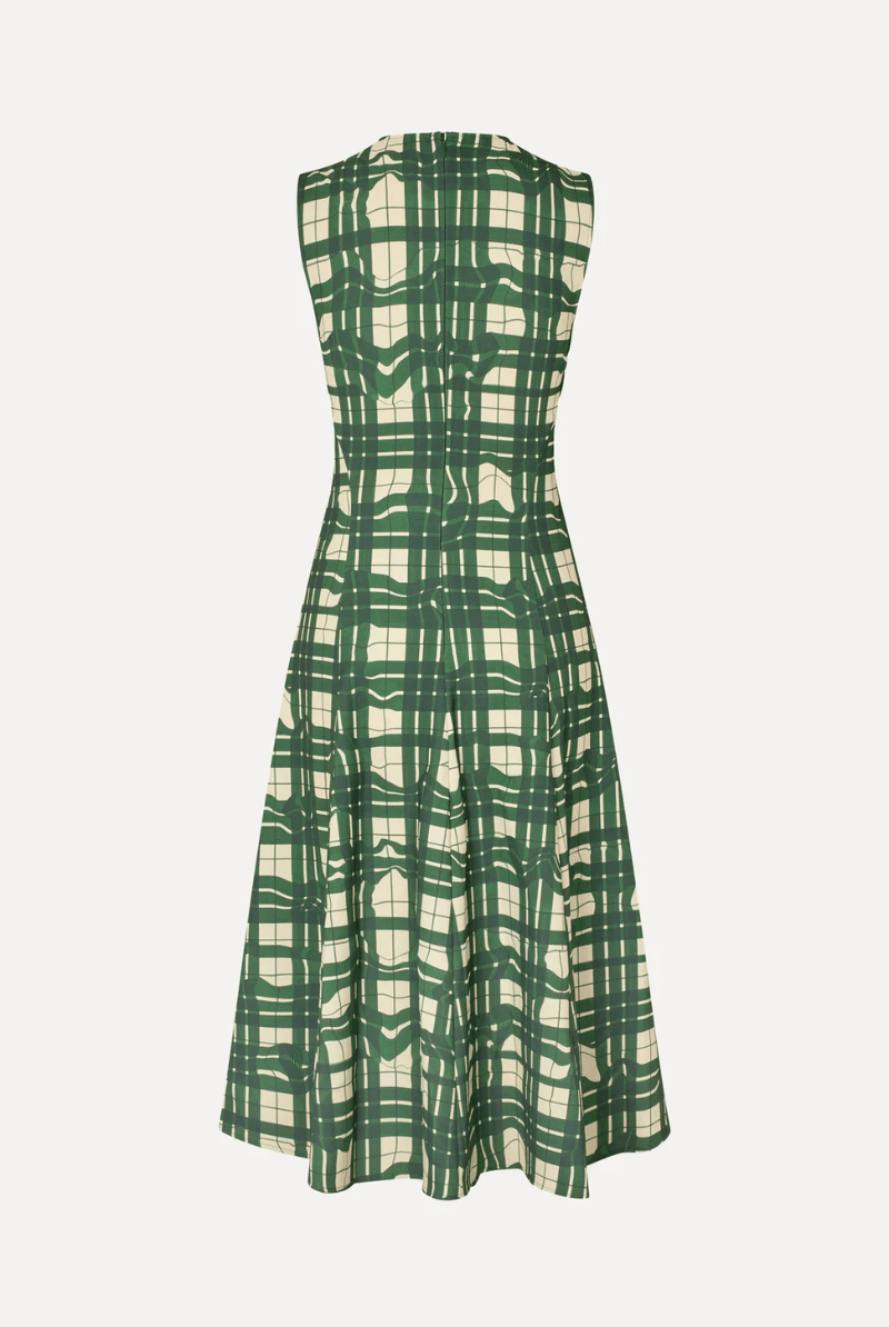 Dresses - Stine Goya - Sleeveless Gathered Midi Dress in Checkered Wave - Archery Close