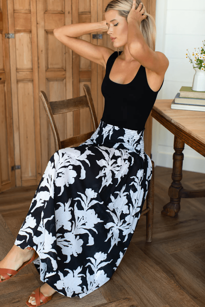 Skirts - Emerson Fry - Smocked Maxi Skirt - Black + Ivory Orchid Organic - Archery Close
