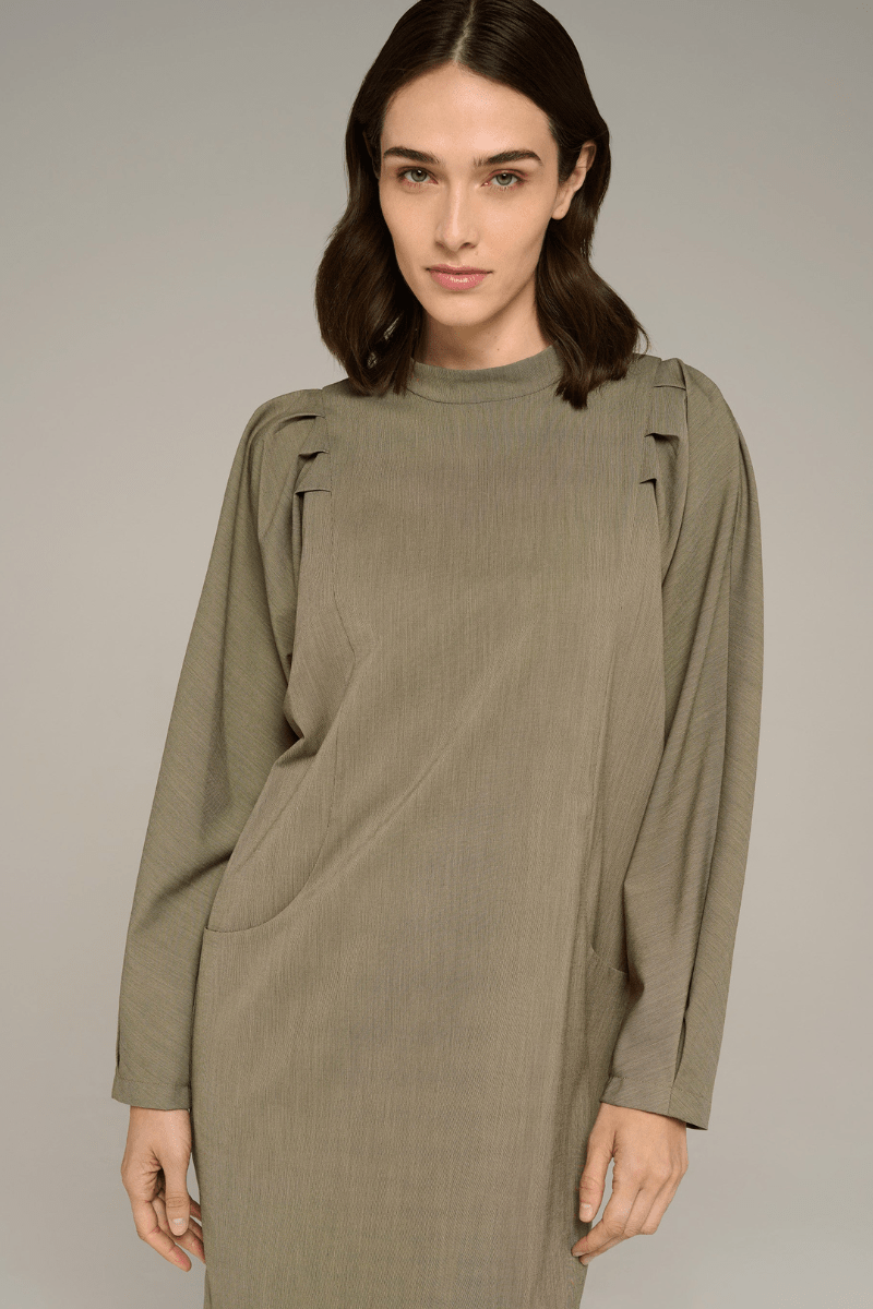 Dresses - Cotelac - Striped Mandarin Collar Midi Dress - Archery Close