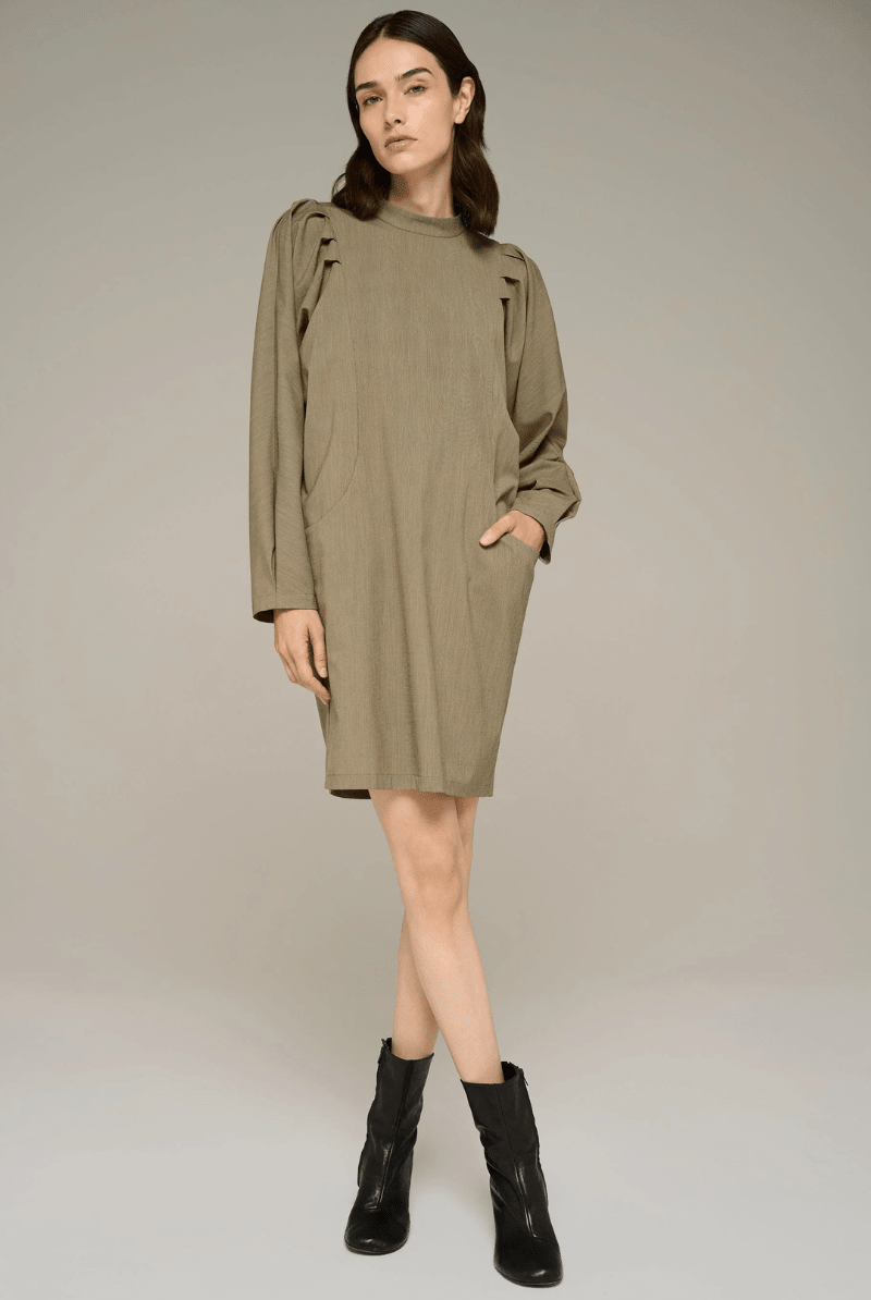 Dresses - Cotelac - Striped Mandarin Collar Midi Dress - Archery Close