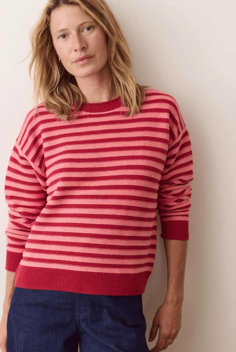 Sweater - Marine Layer - Suki Rollneck Sweater in Dusk Rose Stripe - Archery Close