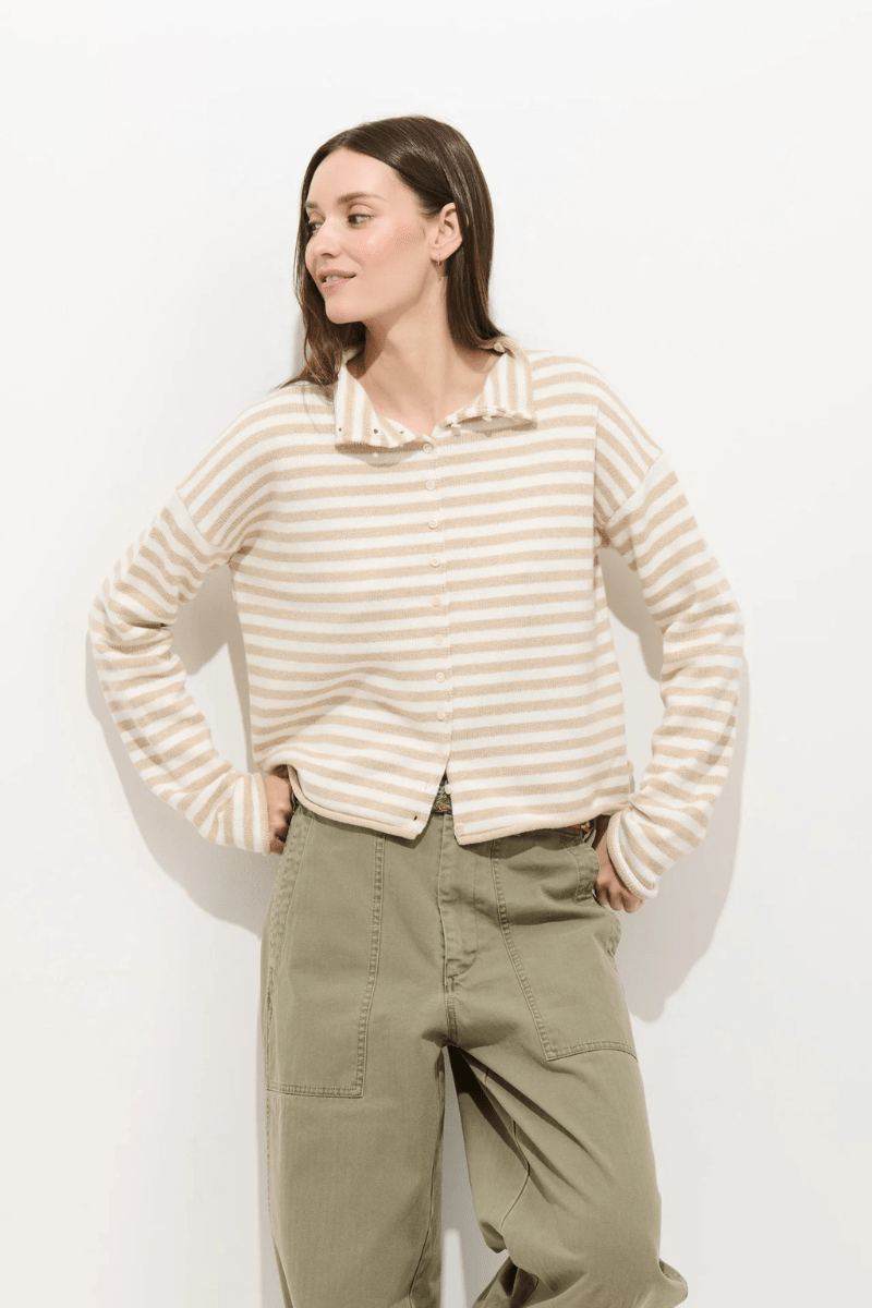 Sweater - Alex Mill - Taylor Striped Cardigan in Sand/Ivory - Archery Close