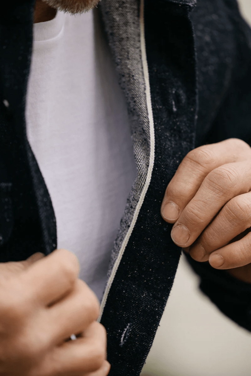 Close-up of a person adjusting a black coat with white lining.