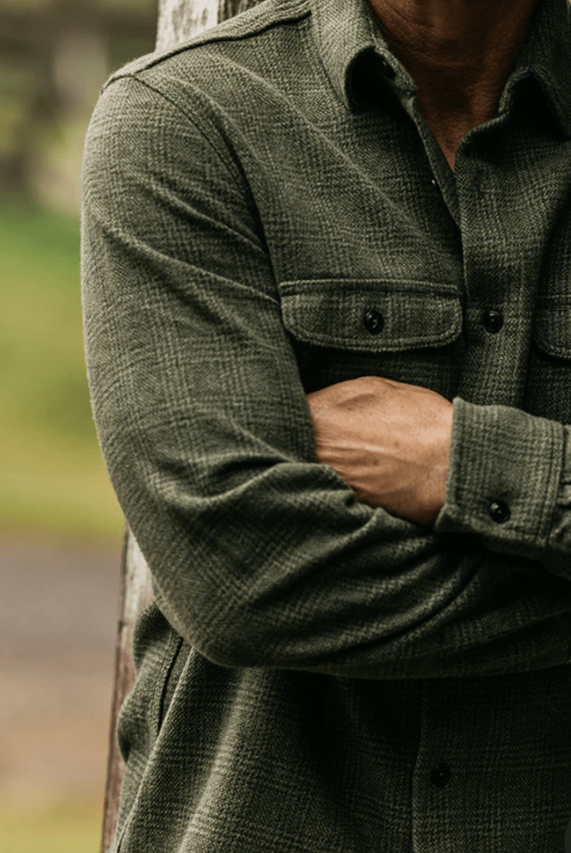 Shirts & Tops - Hiroshi Kato - The Brace Triple Twisted Plaid in Moss - Archery Close