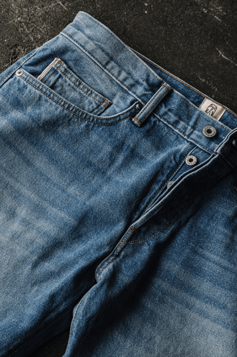 Close-up of a folded pair of blue jeans on a dark surface