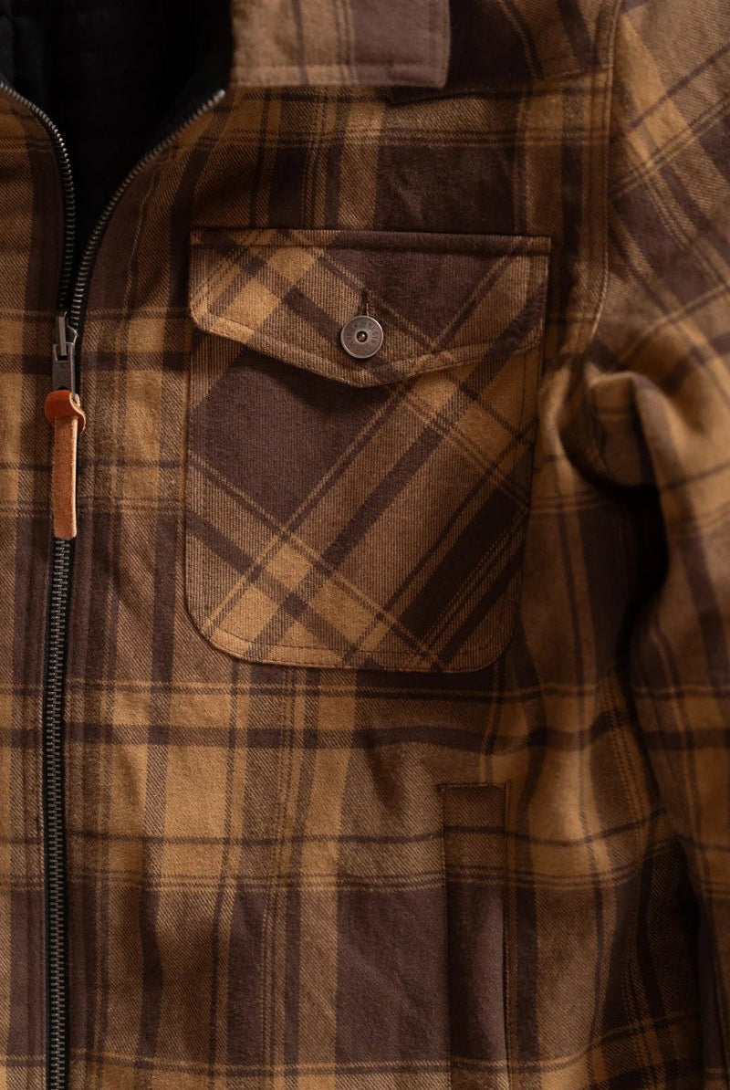 Close-up of a brown plaid jacket with a pocket and zipper detail.
