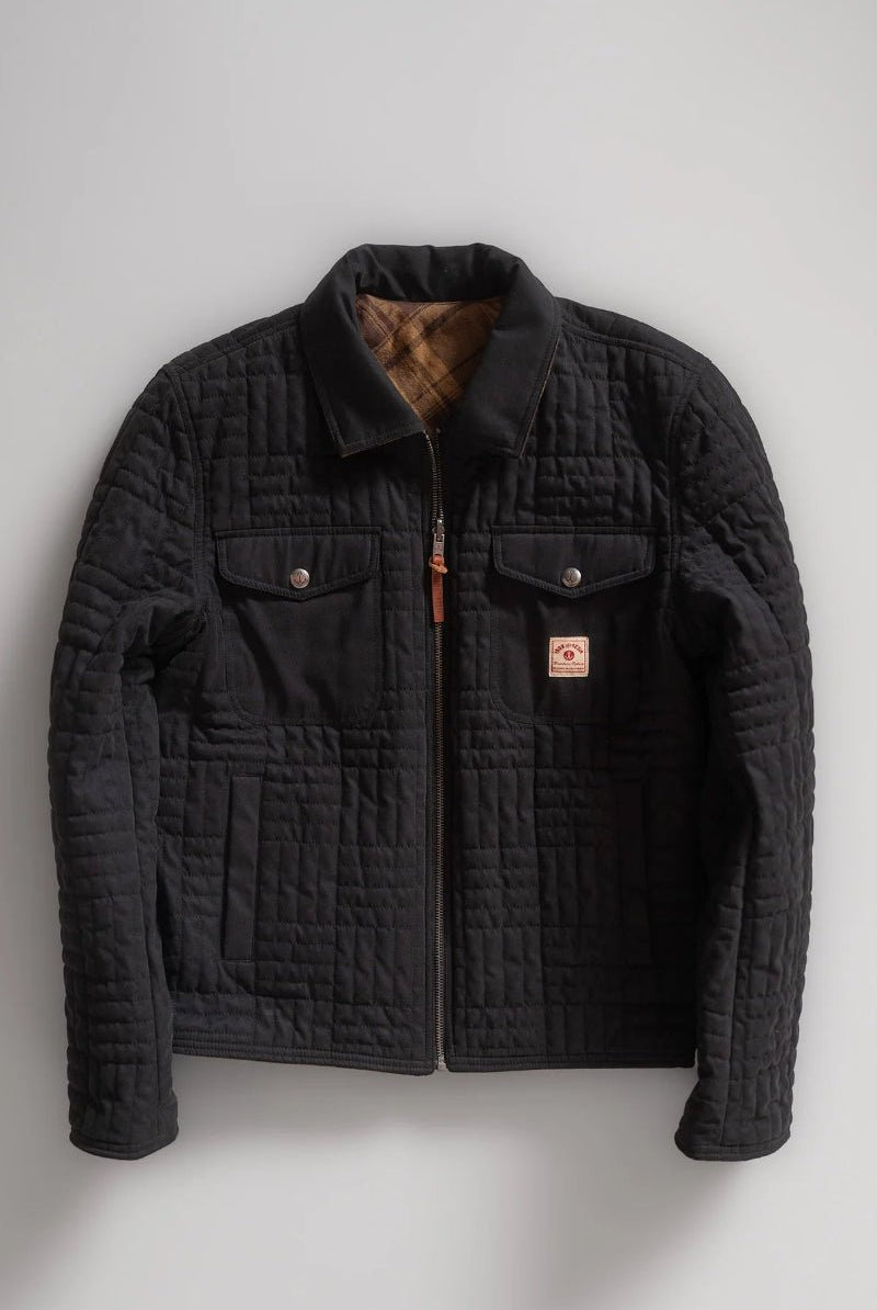 Black quilted jacket on a light gray background