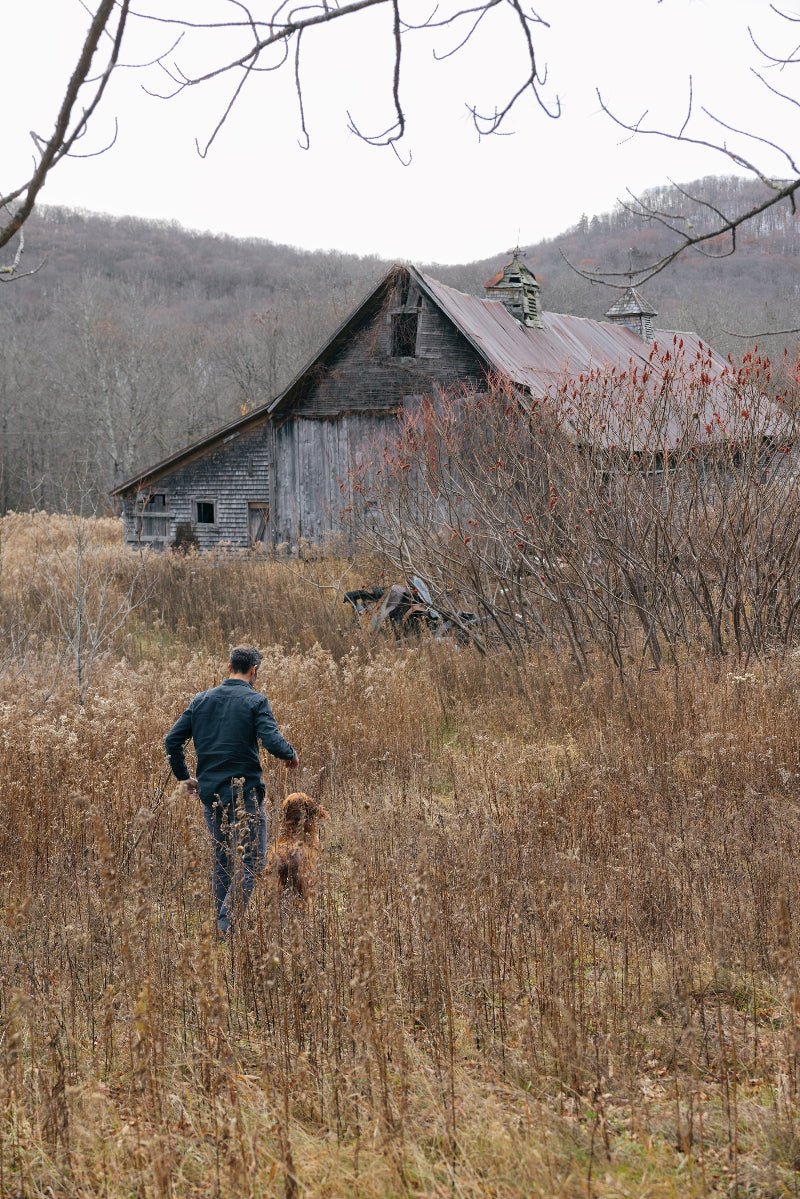Man walking a dog in a field with an old barn and mountains in the background