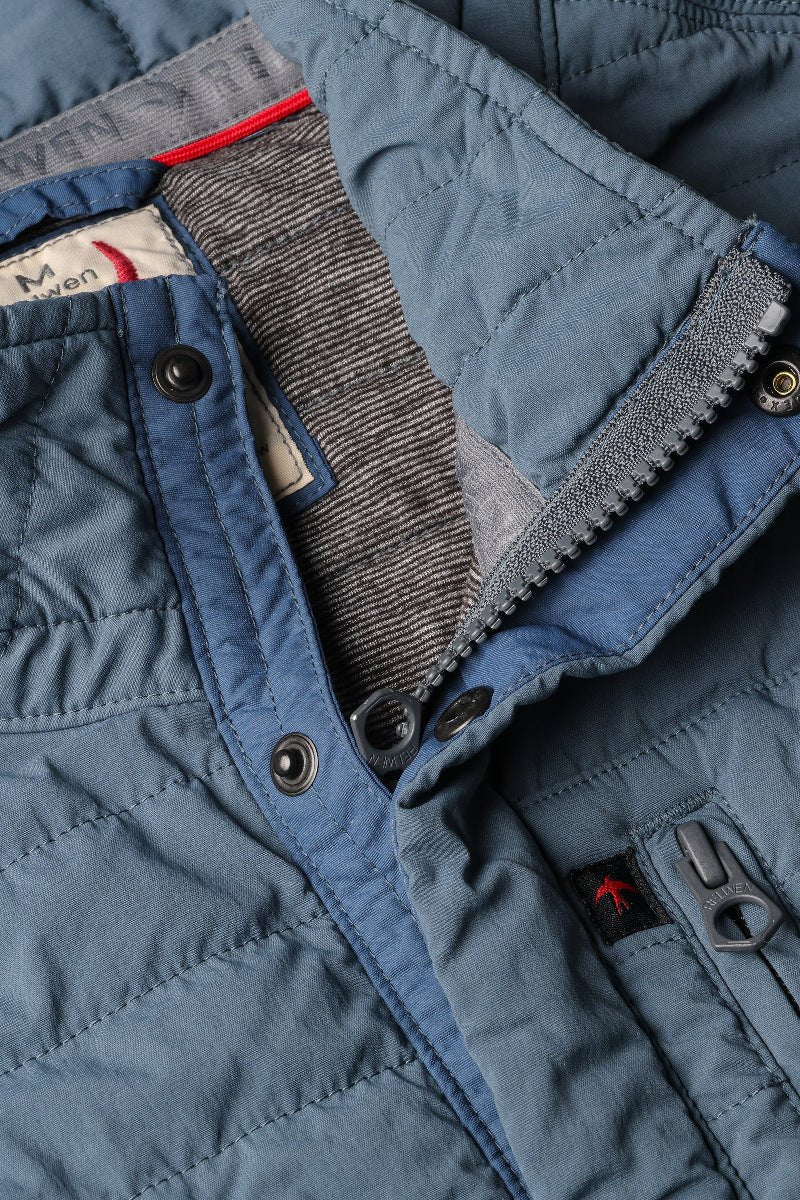 Close-up of a blue quilted jacket with visible stitching and buttons.