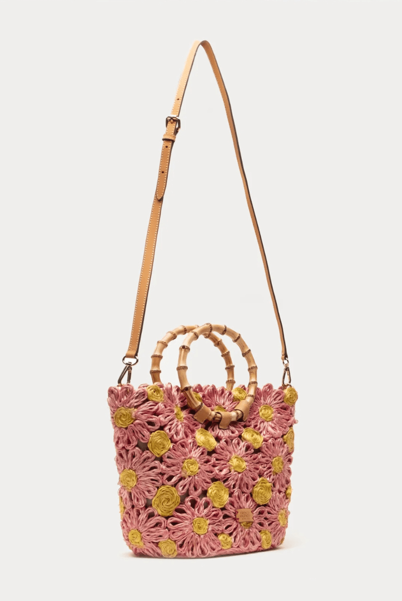 Flora Tote w/ Bamboo Handle in Pink/Yellow - Frances Valentine - Archery Close