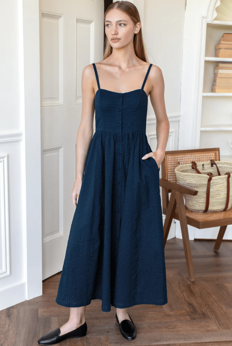 Florentine Layering Dress in Navy Seersucker - Emerson Fry - Archery Close