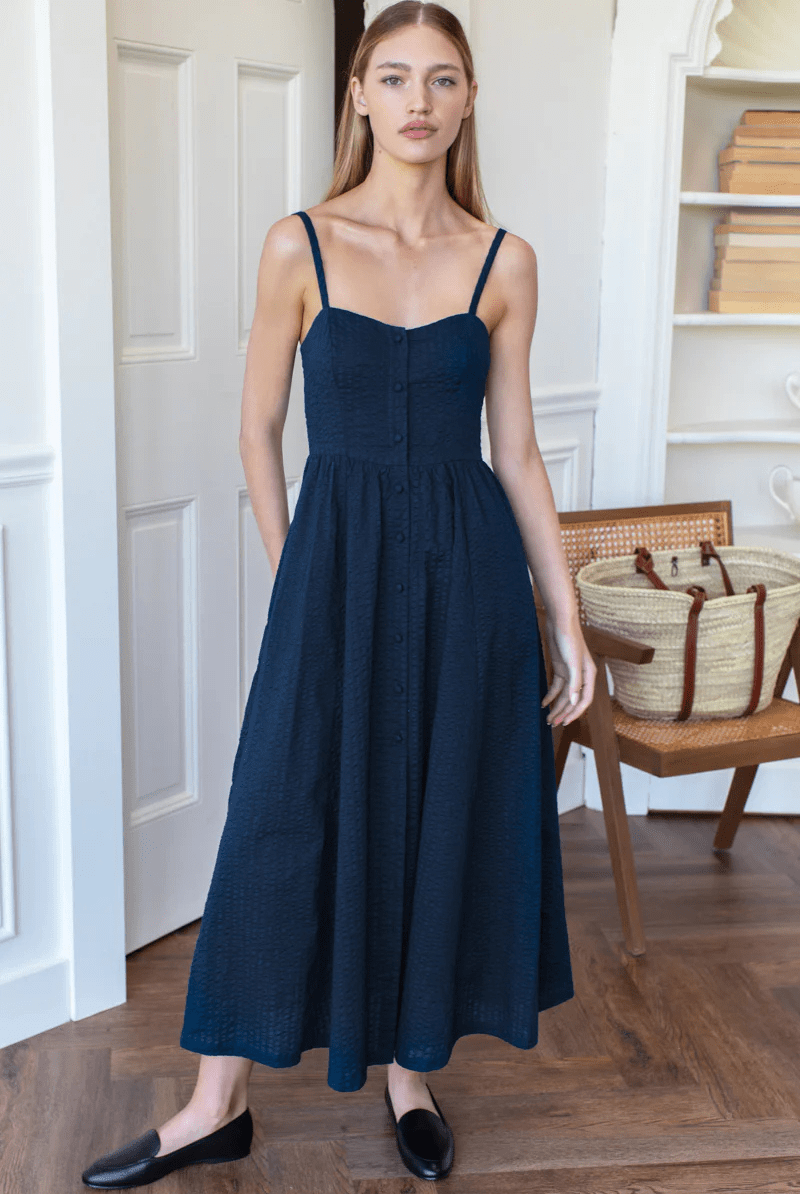 Florentine Layering Dress in Navy Seersucker - Emerson Fry - Archery Close