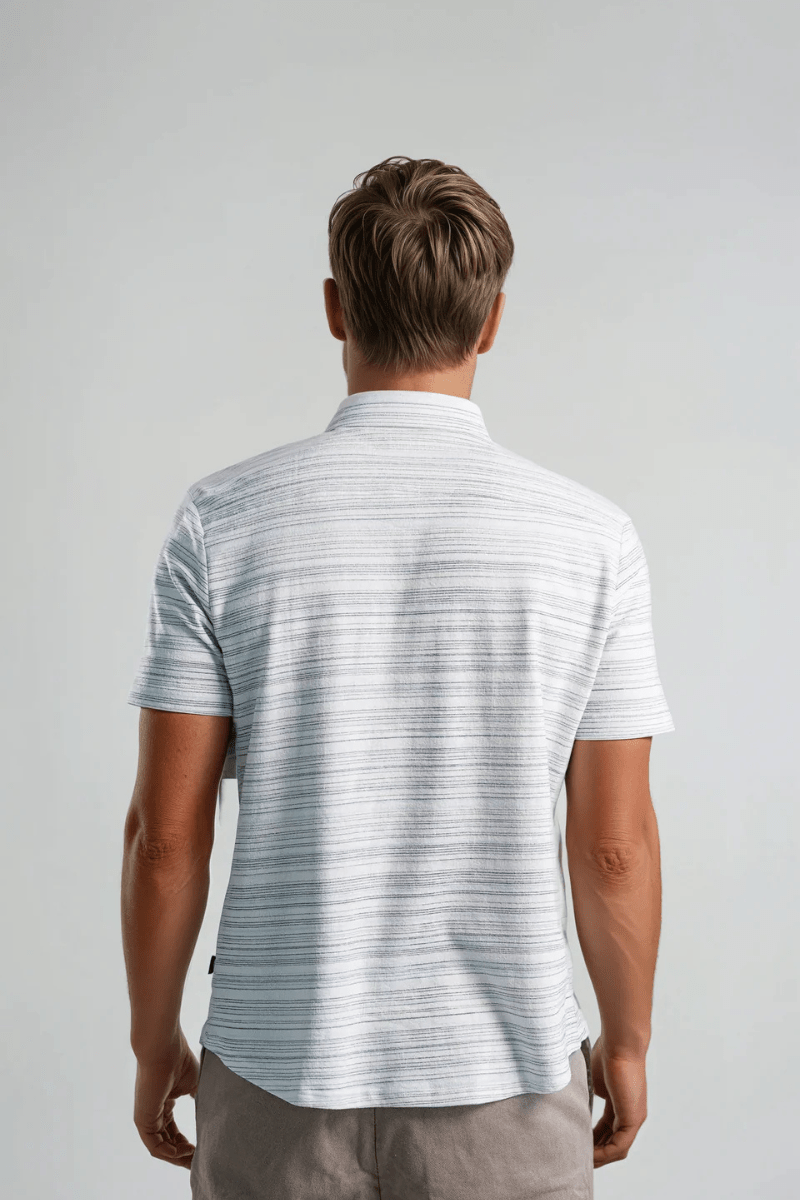 Printed Horizon Pinstripe Knit Shirt in Light Blue - Stone Rose - Archery Close