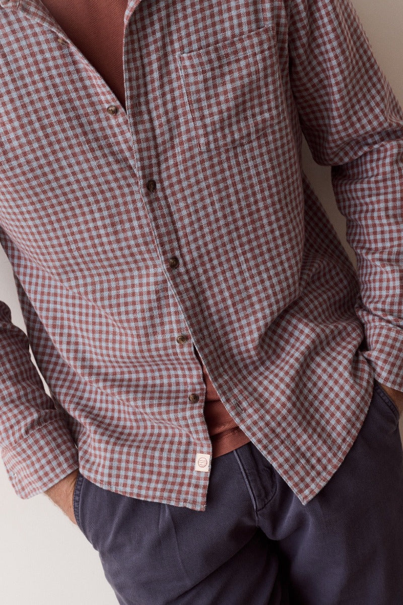 Marine Layer Stretch Selvage Long Sleeve Shirt - Burgundy/Blue Gingham