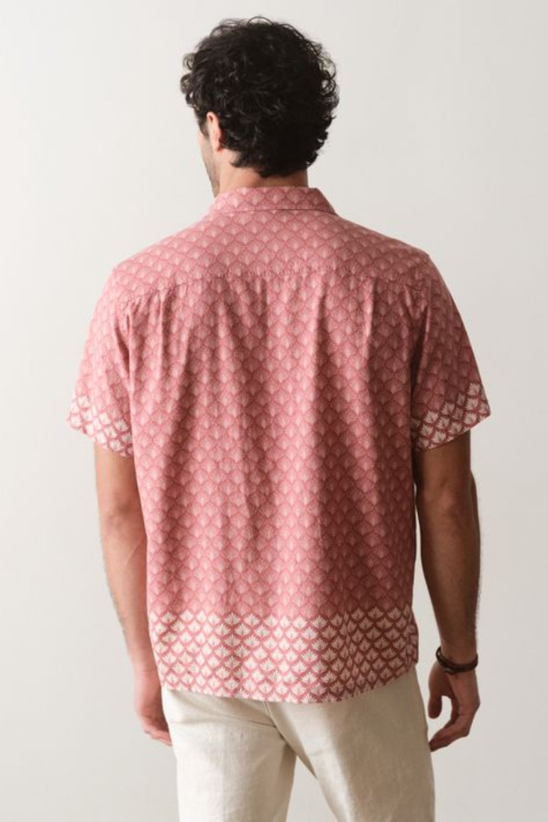 Man wearing a pink patterned shirt and beige pants against a white background