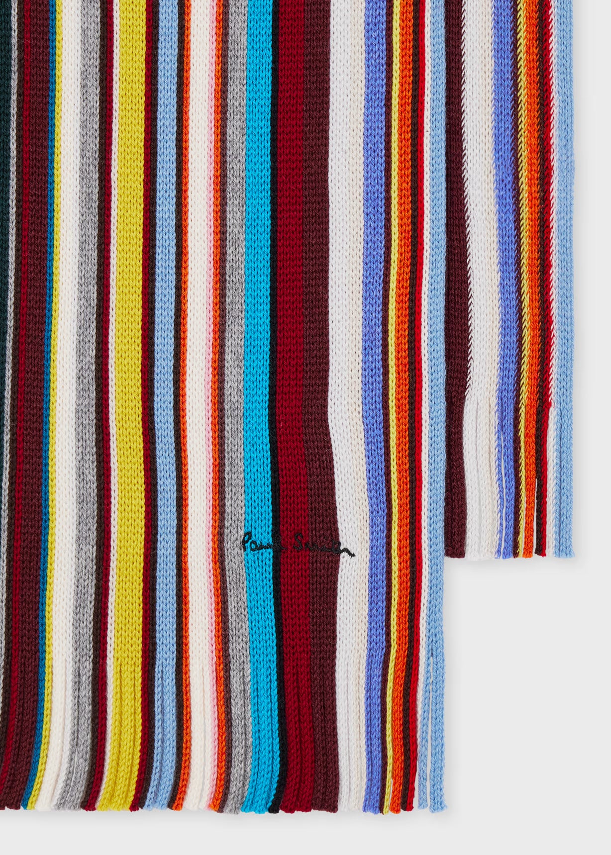 Multicolored striped fabric with a brand logo on a white background