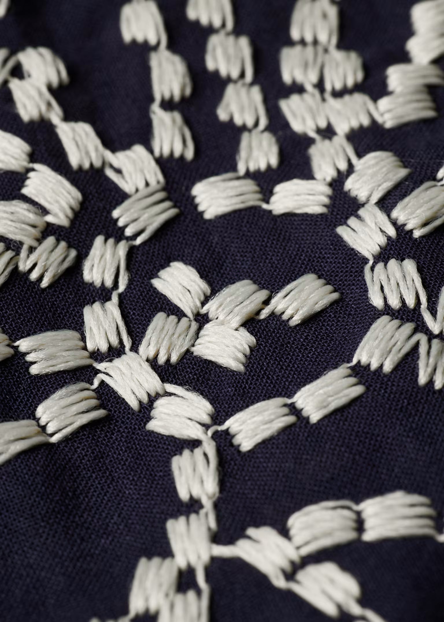 Close-up of a navy blue fabric with white geometric pattern