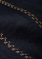Close-up of black fabric with gold embroidery on a dark background