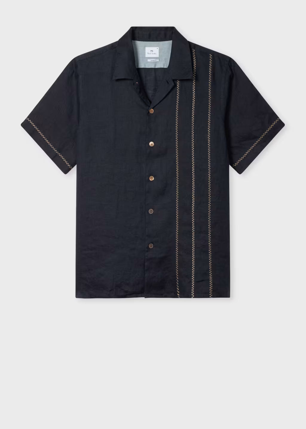 Black short-sleeve shirt with button details on a white background