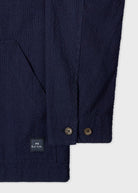Navy blue textured cardigan with buttons on a white background