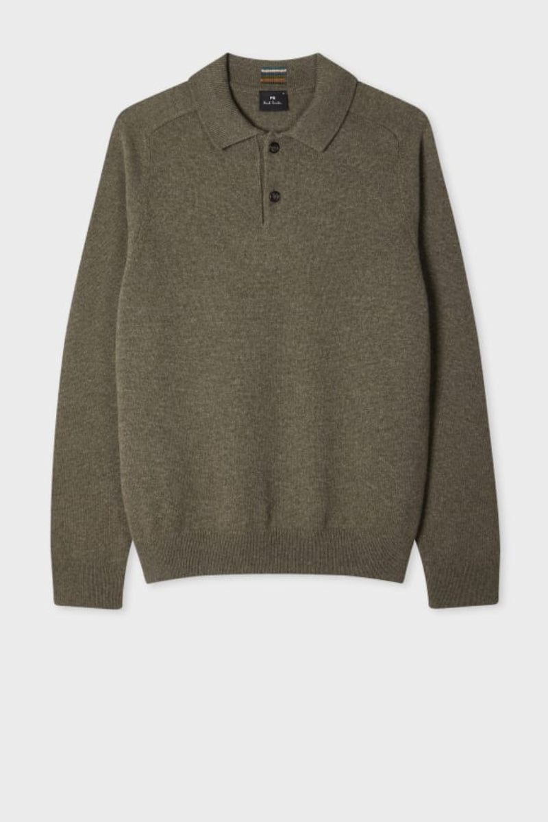 Khaki Merino Wool Long-Sleeve Polo Shirt