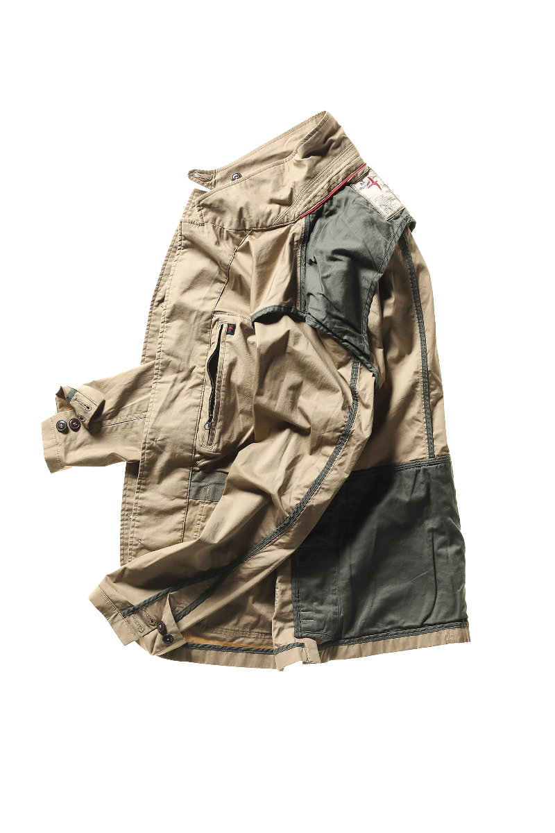 Beige and green jacket on a white background