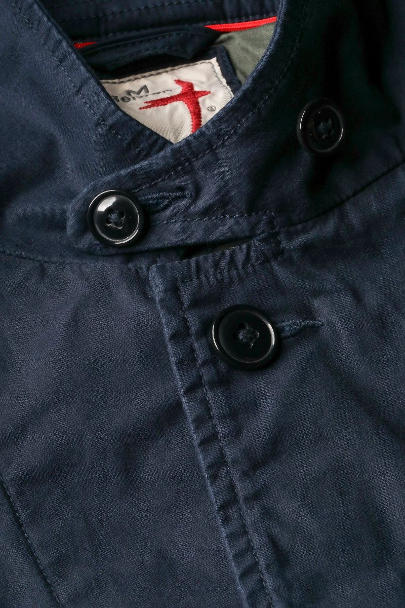 Close-up of a navy blue jacket with buttons and a brand label.