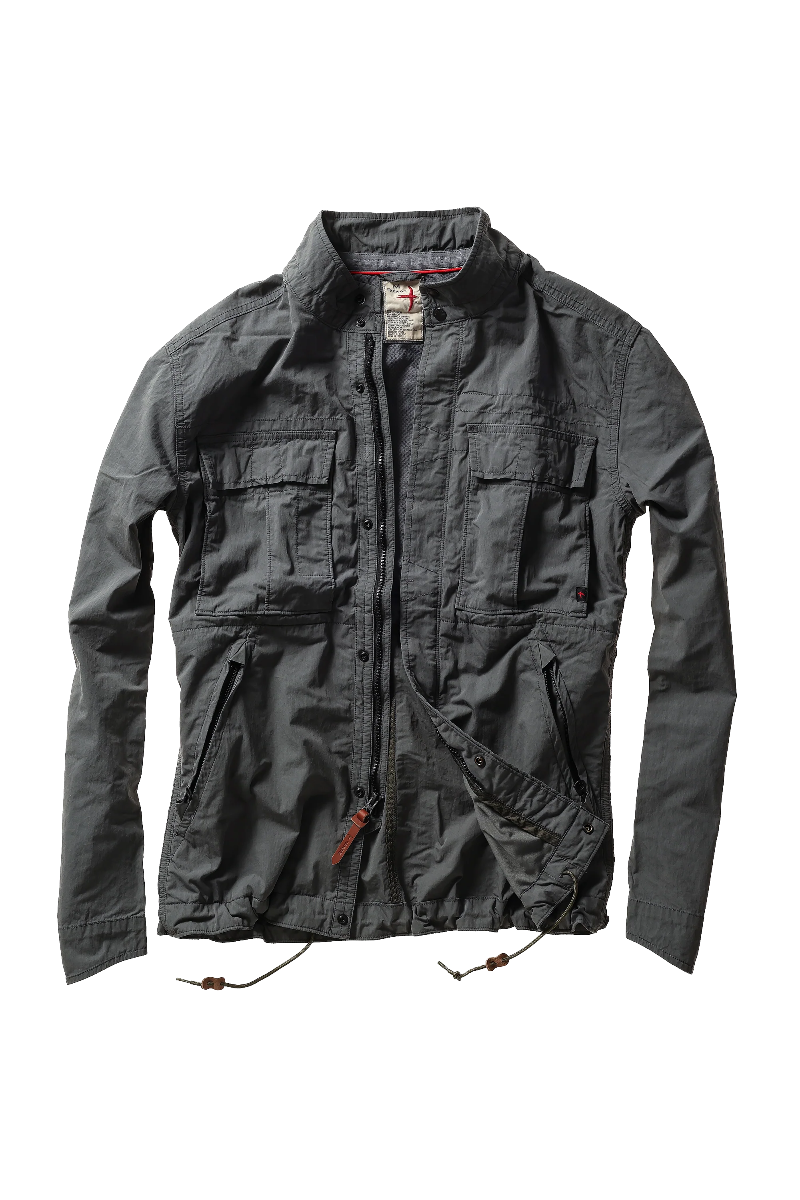 Dark gray jacket with multiple pockets on a white background