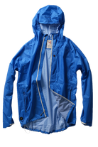 Blue raincoat with a brand logo on a white background
