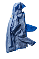 Blue raincoat with a hood on a white background