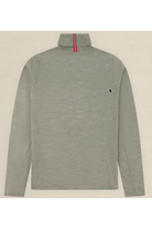 A light gray heathered long-sleeve quarter-zip mock neck pullover, shown from the back. It features a small black embroidered logo on the left chest and a red and blue striped accent running down the center back collar.