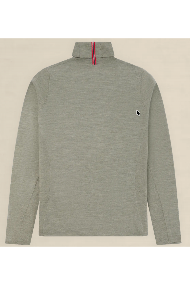 A light gray heathered long-sleeve quarter-zip mock neck pullover, shown from the back. It features a small black embroidered logo on the left chest and a red and blue striped accent running down the center back collar.
