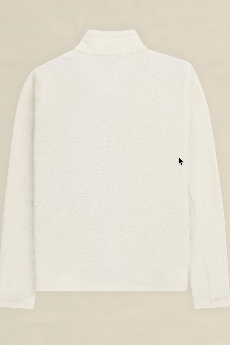 A white textured long-sleeve mock neck sweater shown from the back, featuring a small black embroidered mouse cursor logo on the left side, set against a solid beige background.