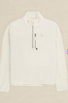 An off-white fleece pullover sweater with a mock neck and a short front zipper, shown against a solid light beige background.