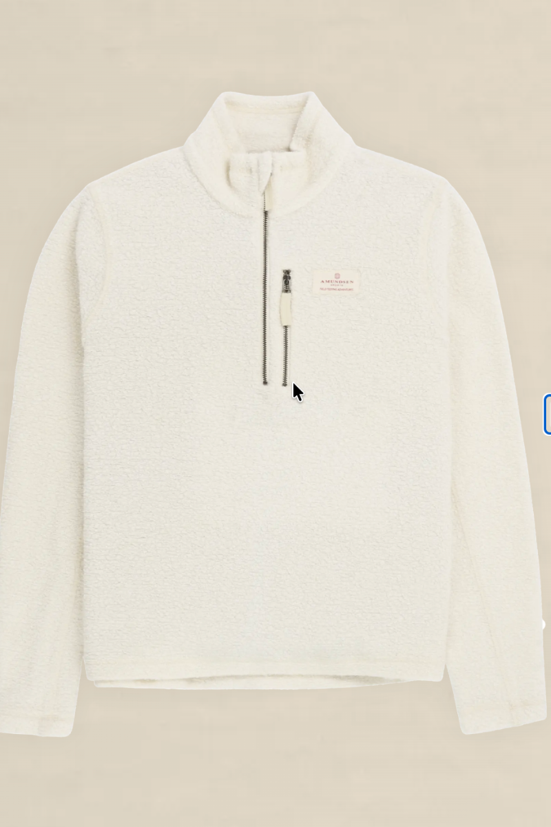 An off-white fleece pullover sweater with a mock neck and a short front zipper, shown against a solid light beige background.