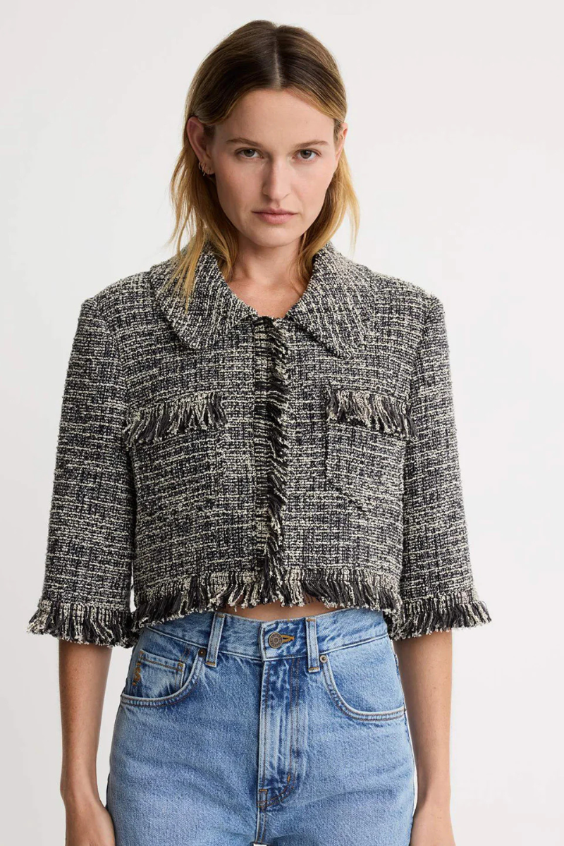 Cropped Sleeve Mini Jacket in Pepper Tweed