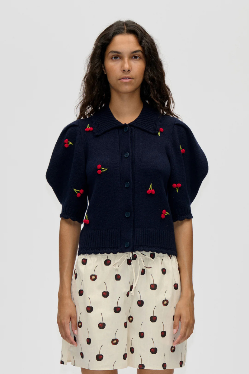 Bobble Knit Polo Cardigan - Cherries