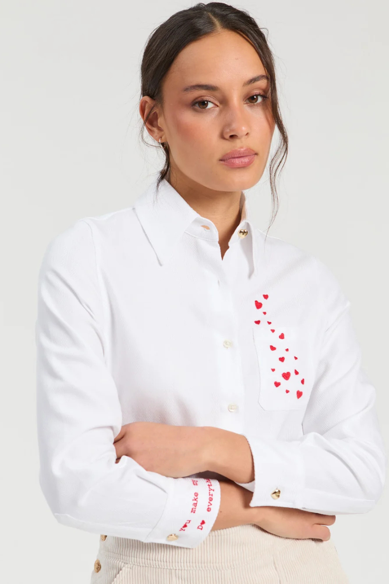White Shirt with Heart Embroidery