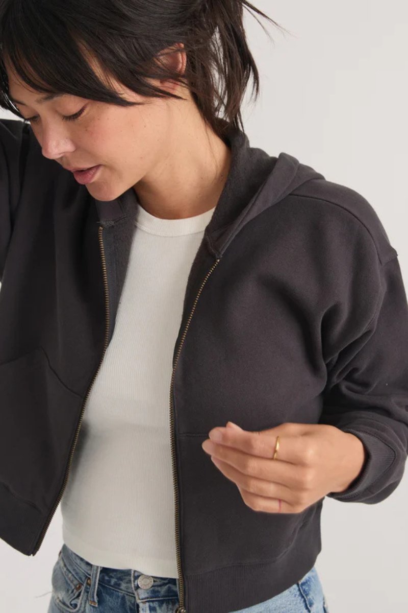 Anytime Cropped Full Zip in Washed Black - Marine Layer - Archery Close