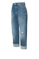 Blue jeans with a slight distressed look on a white background